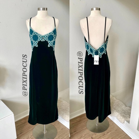 ZARA VELVET + CROCHET MAXI DRESS DARK GREEN / BLUE - Picture 2 of 12